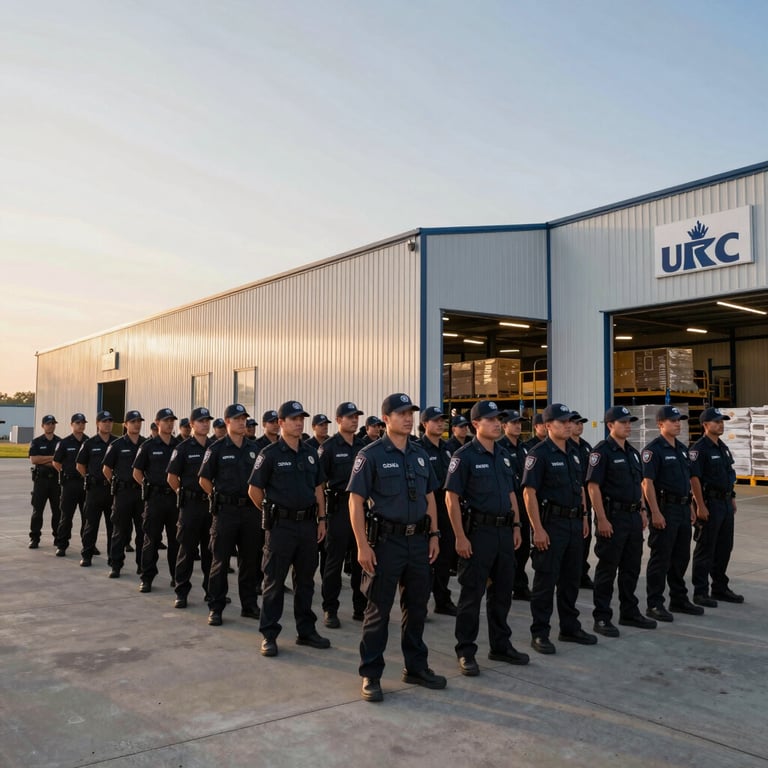 A wide shot of a professional security team standing in formation in front of a modern North American / US distribution warehouse at sunrise.