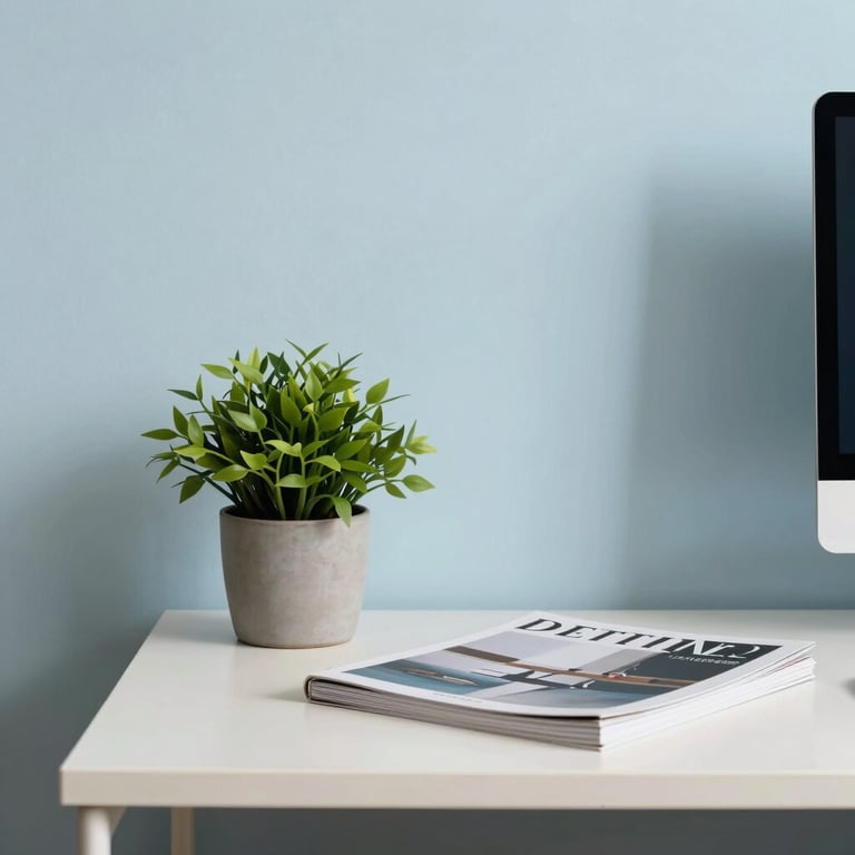 A peaceful, minimalist office corner with a small green plant and a design magazine on a side table, light blue and off-white theme.