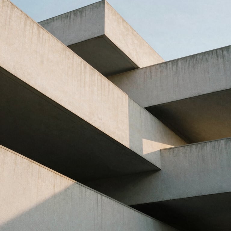 Abstract photography of modern architectural structures in Brazil, emphasizing geometric shapes and shadows in soft daylight.
