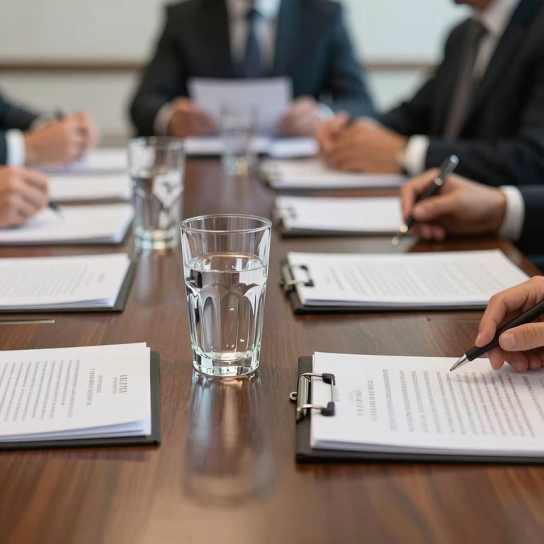 A professional meeting setting in a South American boardroom, focusing on a crystal-clear glass of water and professional documents on a polished table.