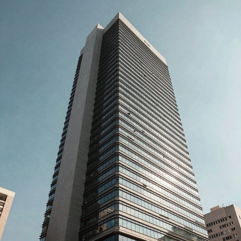 A sharp, professional photograph of a modern office building exterior in Brazil under a clear sky, showing clean architectural lines.