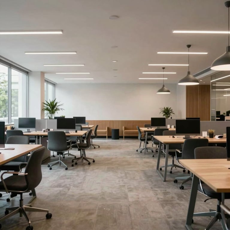 Wide-angle shot of a clean, bright coworking space in South America with contemporary furniture and a professional, calm vibe.