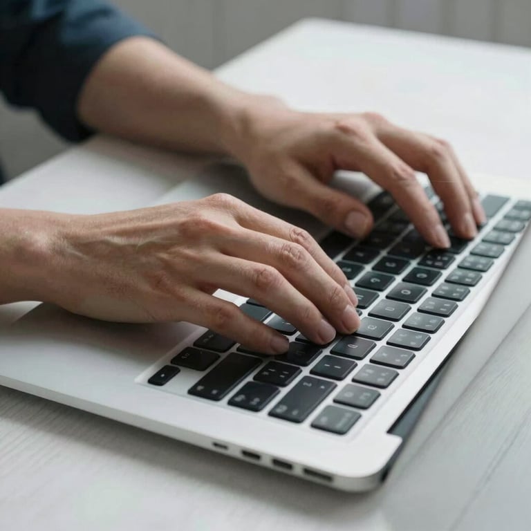 Close-up of hands typing on a sleek laptop keyboard on a white wooden desk with soft light blue accents.