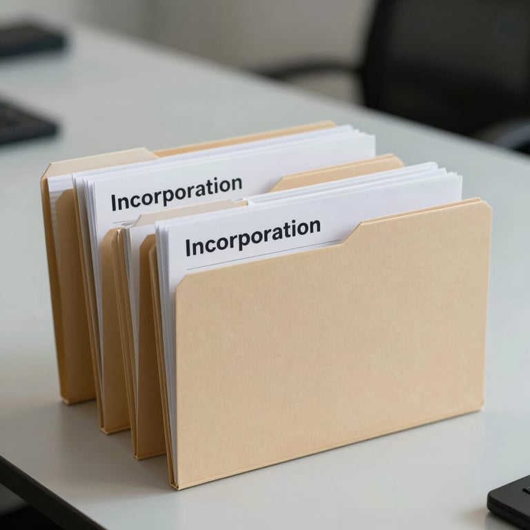 An organized set of legal folders labeled 'Incorporation' on a clean, professional pale mist workspace.