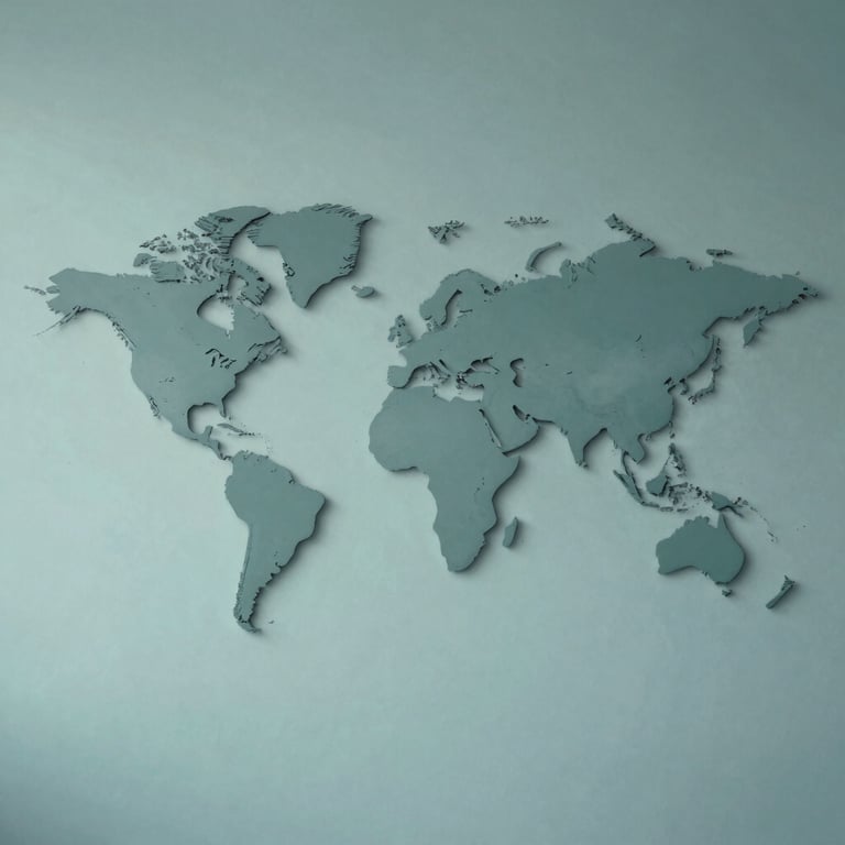A minimalist world map mounted on a modern office wall with soft teal and muted petrol aesthetic elements.