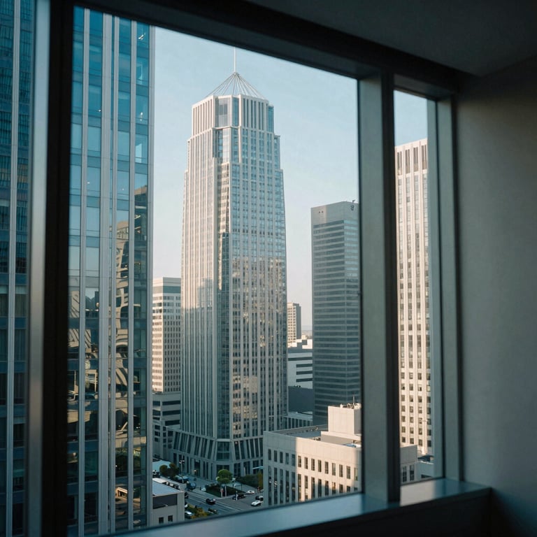 A view of a modern metropolitan business district through a clear office window, reflecting light blue tones.