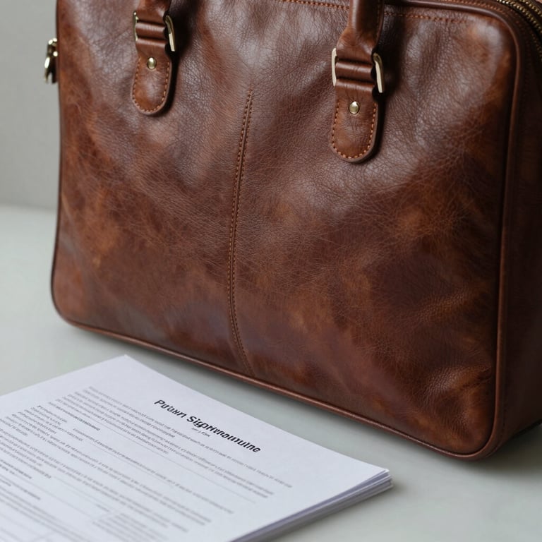 Close-up of a high-quality leather briefcase and professional documents on a pale mist surface.