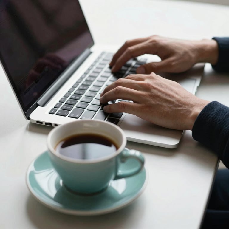 A person working on a laptop in a bright environment with a cup of coffee on a soft teal ceramic coaster.