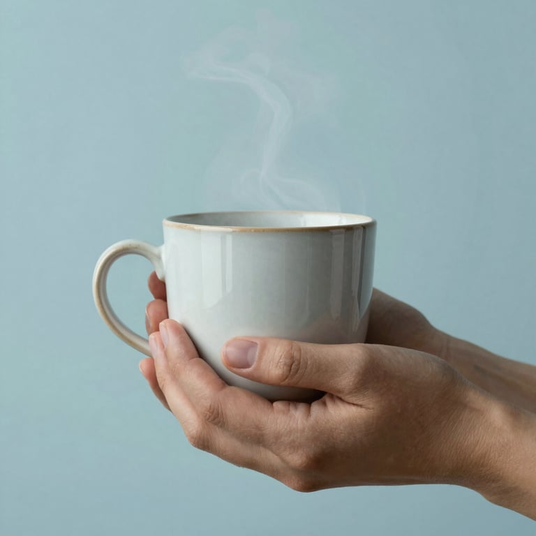 A pair of hands holding a warm ceramic mug in pale azure mist, conveying comfort and empathy.