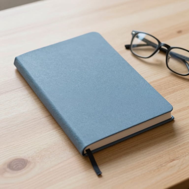 A soft misty blue journal resting on a light wood table next to a pair of glasses, suggesting reflection.