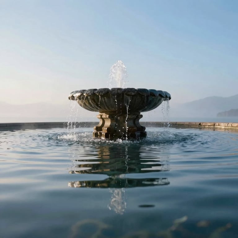 Calm water ripples in a stone fountain reflecting the soft misty blue of a clear morning.
