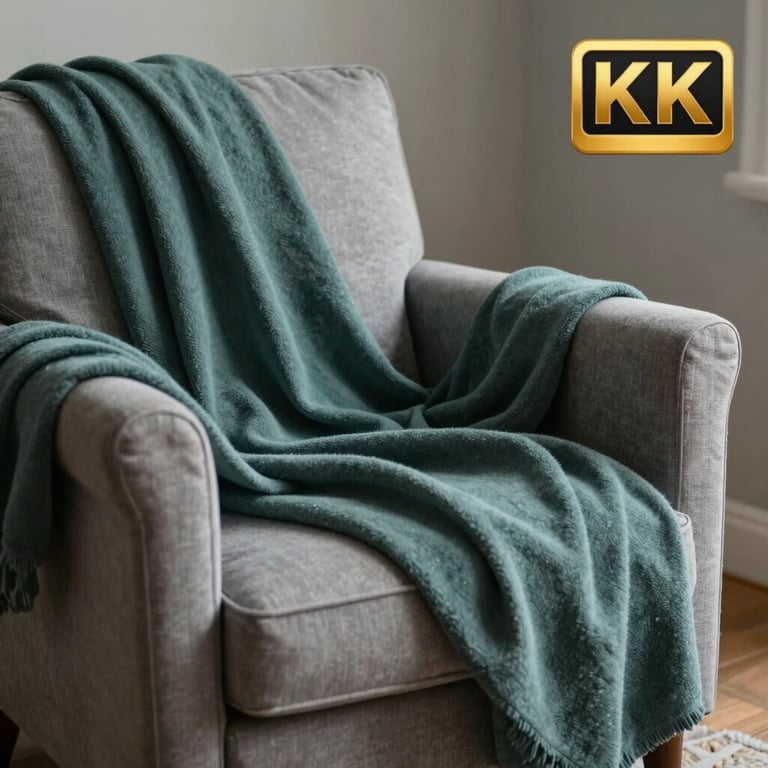 A comfortable armchair with a muted forest teal throw blanket in a serene, quiet corner.