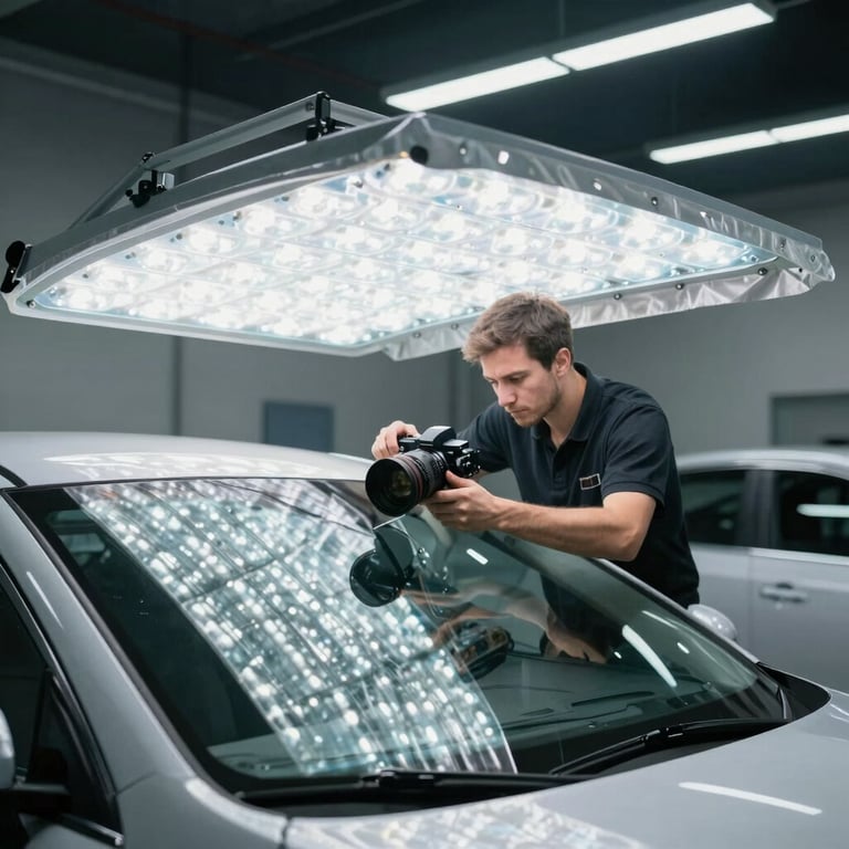 A wide shot of a technician working under a professional UV light shield on a car windshield at a job site.