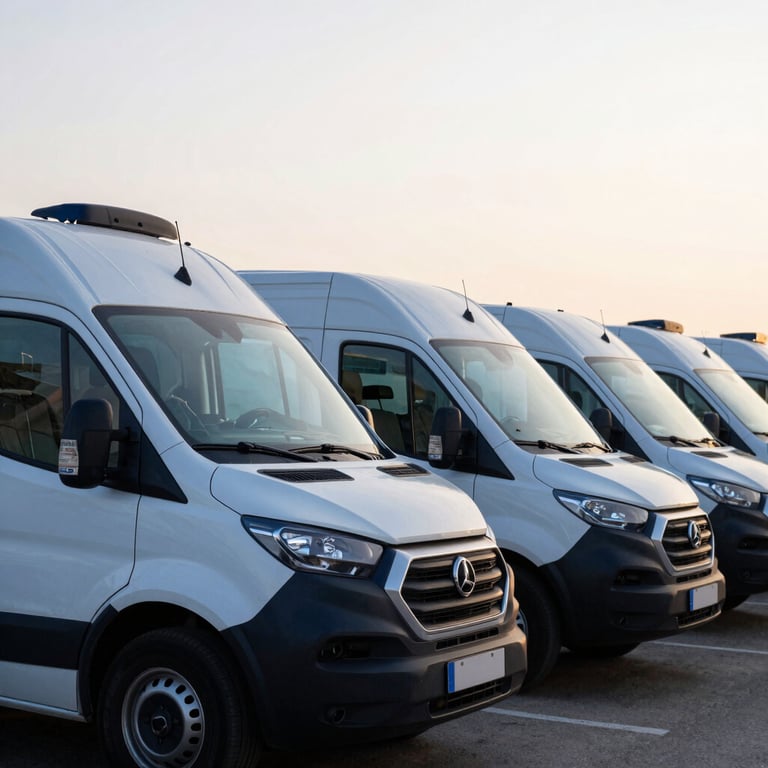 A fleet of clean, white mobile service vans with dark blue accents parked neatly at dawn.