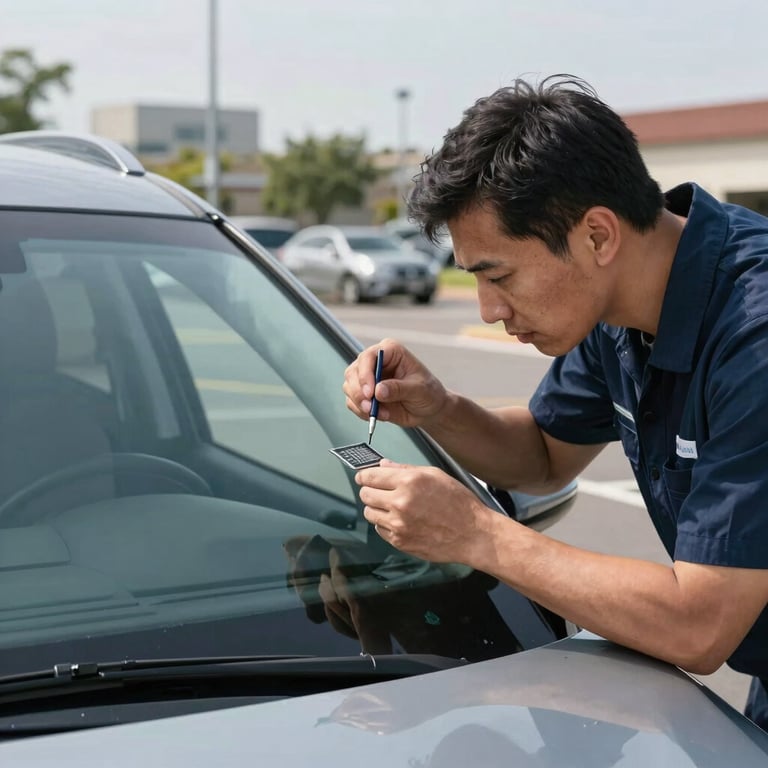 A technician in a professional uniform inspecting a small chip on a modern SUV windshield in a bright North American parking lot.