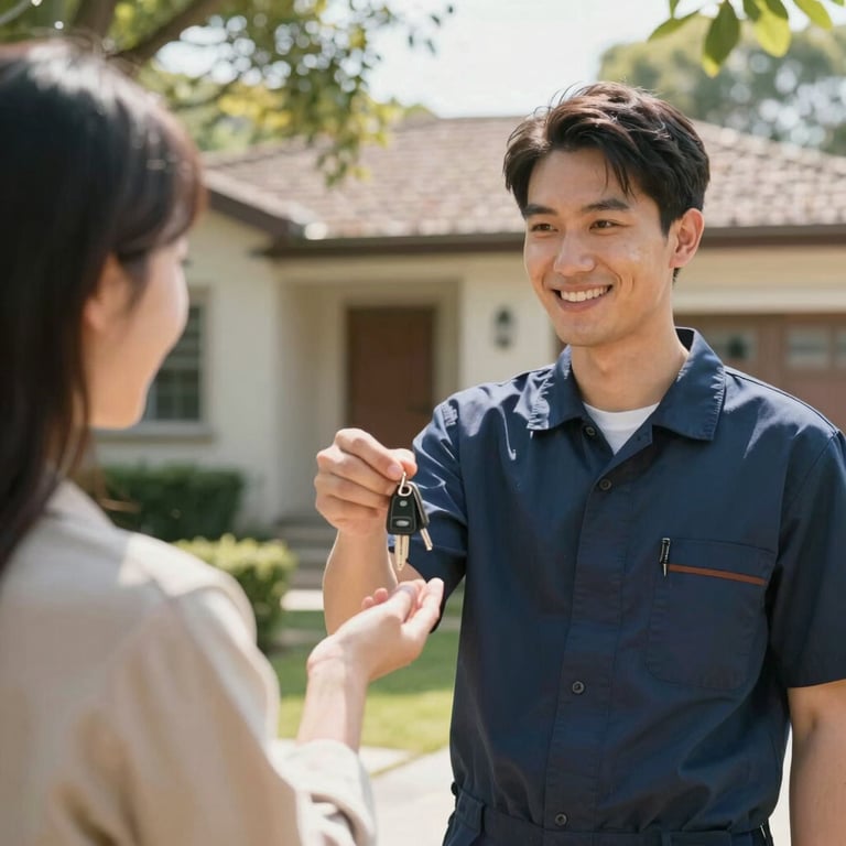 A smiling technician handing over keys to a customer in front of a residential house, sunlight filtering through trees.
