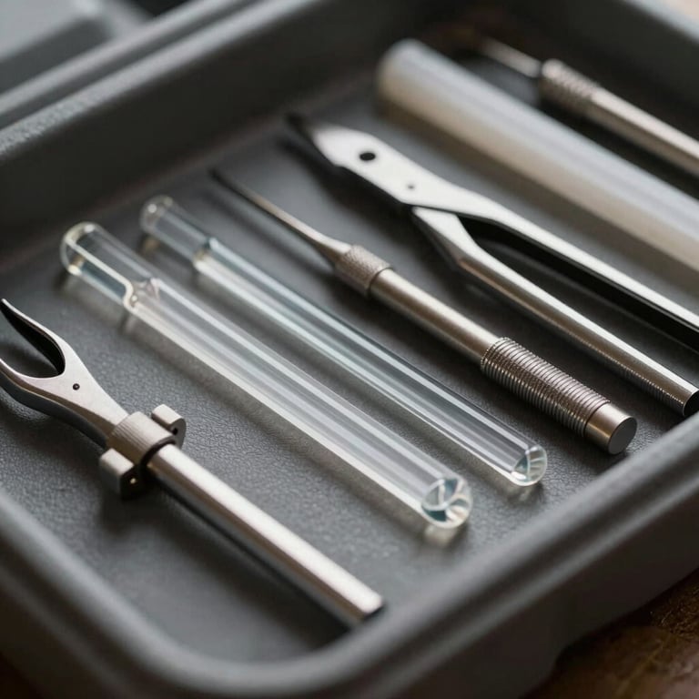 Close-up of high-quality glass repair tools and clear resin organized in a professional kit.