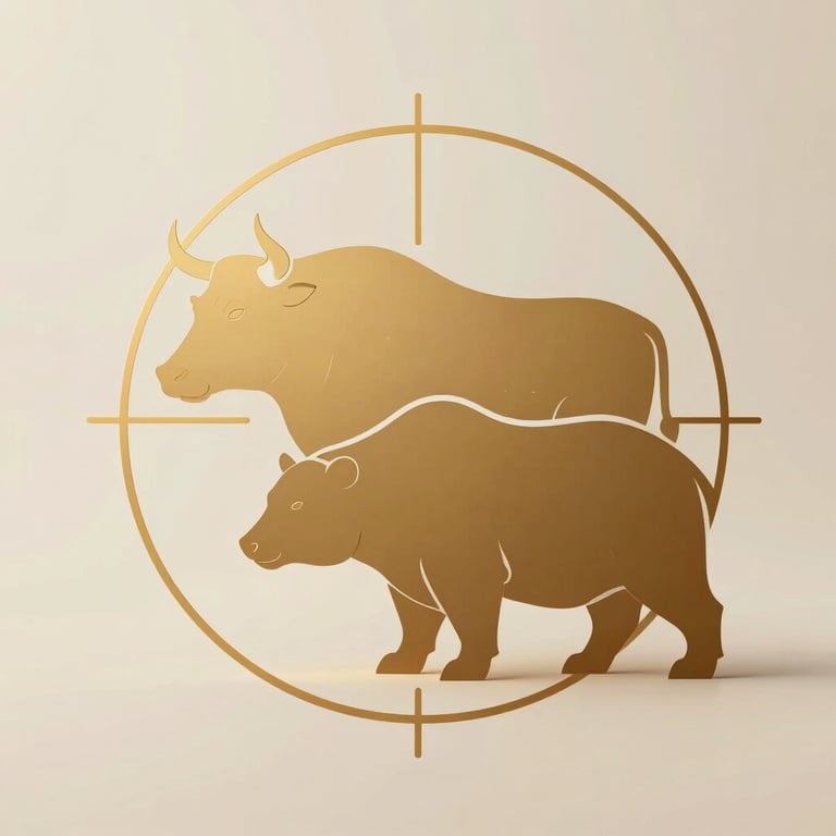 A stylized financial illustration of a bull and bear silhouette overlapping, clean geometric lines, warm ivory background, golden ratio curves.