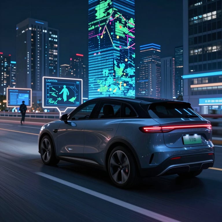 A futuristic electric SUV driving through a neon-lit smart city with digital navigation displays.