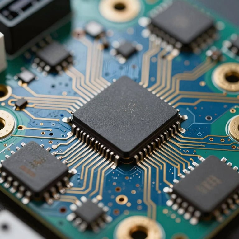 Close-up of innovative telecommunications circuit boards and microchips with metallic blue and gold paths.