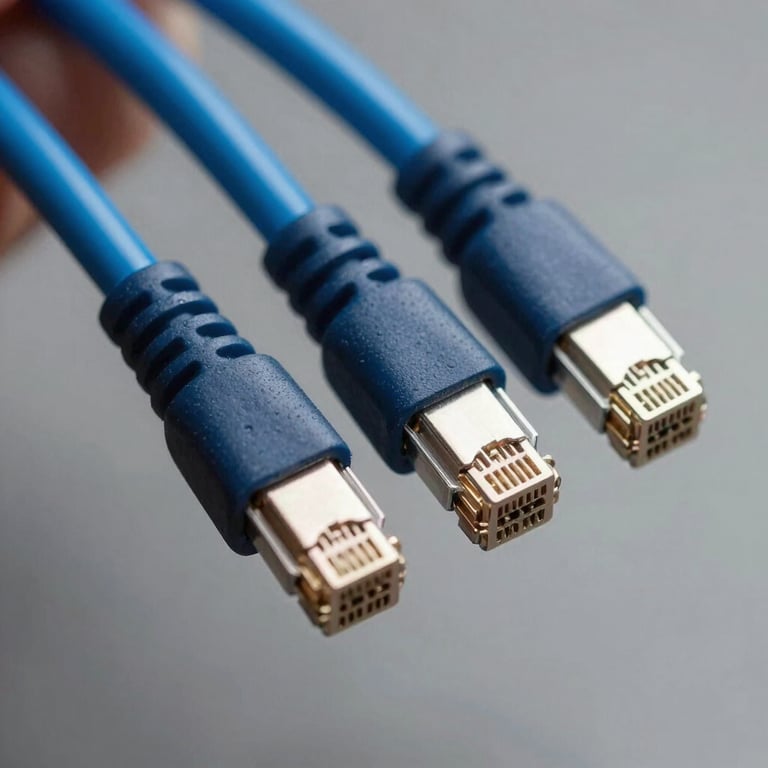 Macro shot of high-quality navy blue and light blue fiber optic networking cables, technical precision.