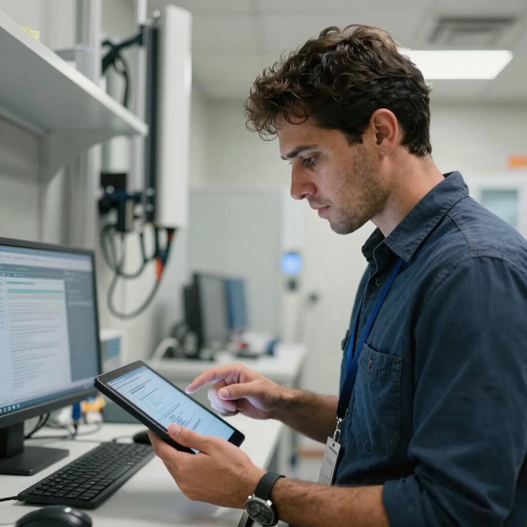Professional Brazilian network engineer examining a digital tablet in a clean telecommunications hub.