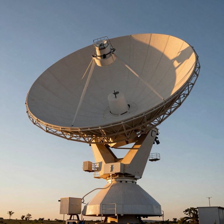 A large satellite dish array against a clear South American sky at sunset, professional photography.