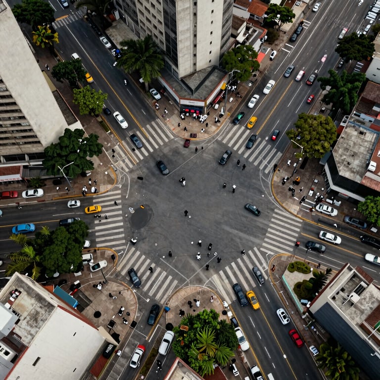Top-down high-angle shot of a metropolitan Brazilian intersection, representing data flow and connectivity.