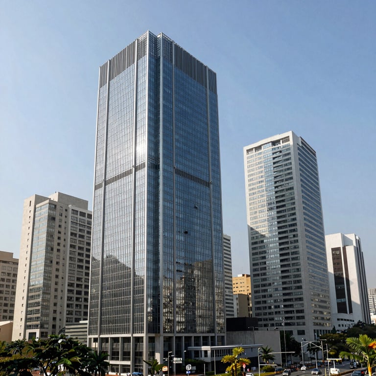 Panoramic view of a modern business district in São Paulo with glass architecture under bright daylight.