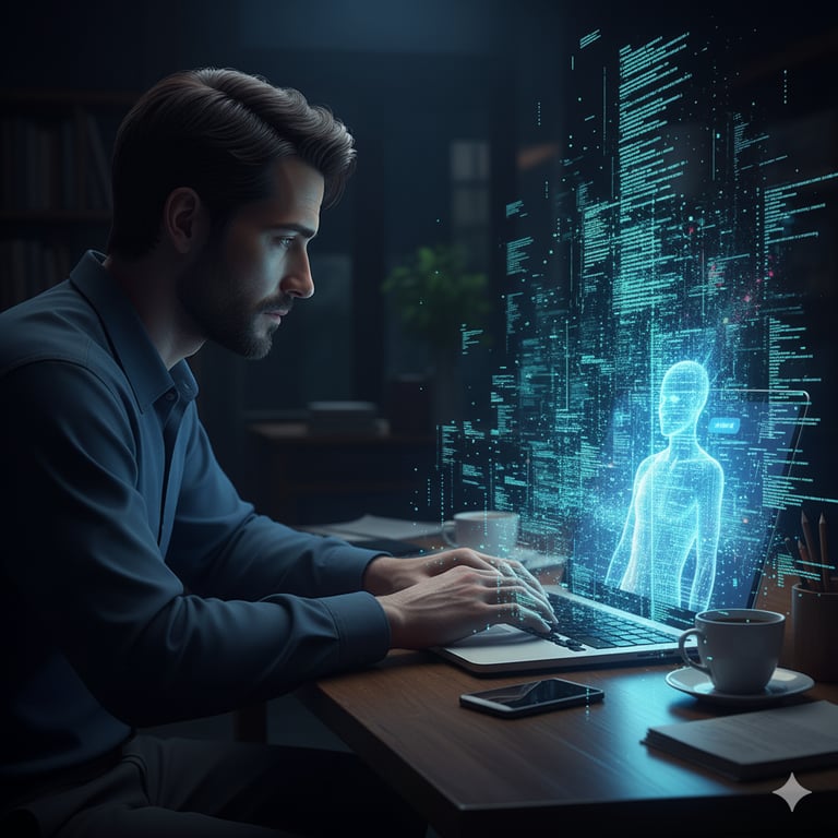 Man interacting with AI hologram representing synthetic relationships and mental health risks