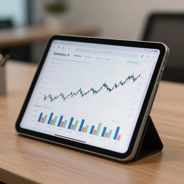 Close-up of a digital tablet showing professional financial growth charts in a modern office setting.