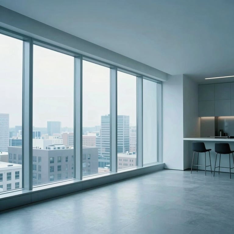 Interior of a luxury minimalist apartment in the US with light blue decor and floor-to-ceiling windows.