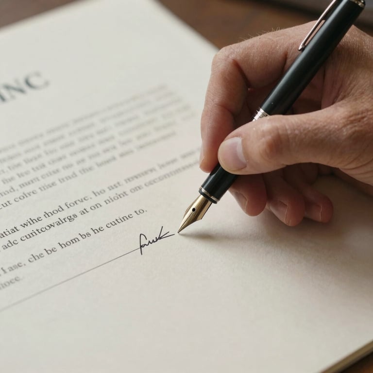 A detailed shot of a professional signing a contract with a fountain pen on an off-white textured paper.