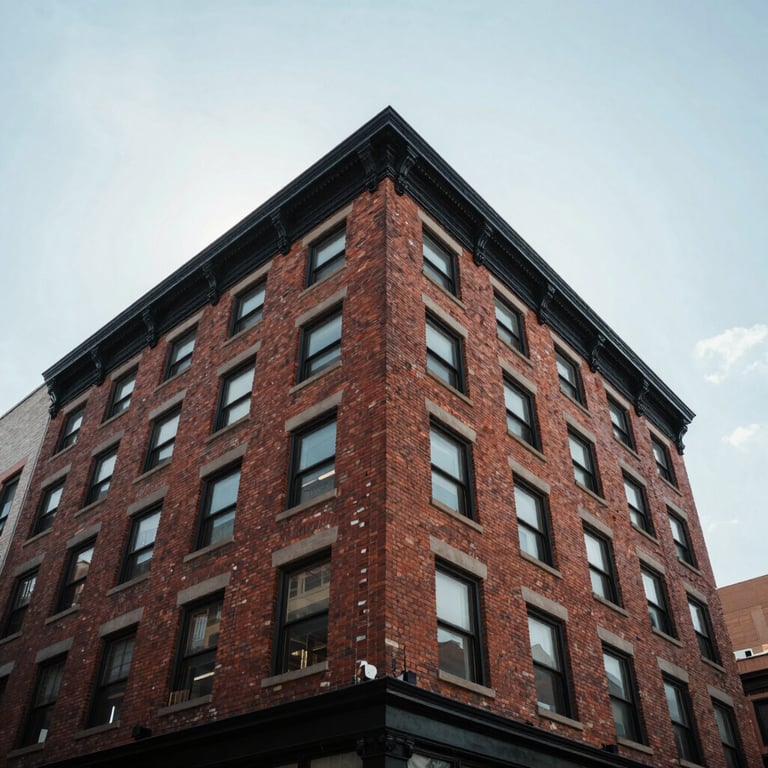 A low-angle shot of a renovated brick loft building in a trendy North American district under a clear sky.