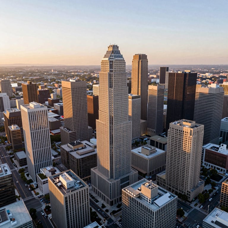 An aerial view of a vibrant US metropolitan area at sunrise, showcasing modern glass and steel architecture.