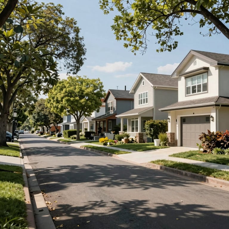 A sunny, tree-lined residential street in a thriving North American neighborhood featuring upscale modern homes.