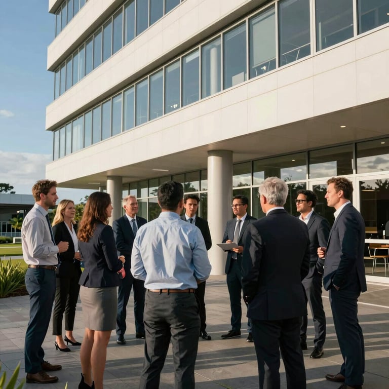 A professional team gathering on an outdoor terrace of a modern office building in Oceania during a bright afternoon.
