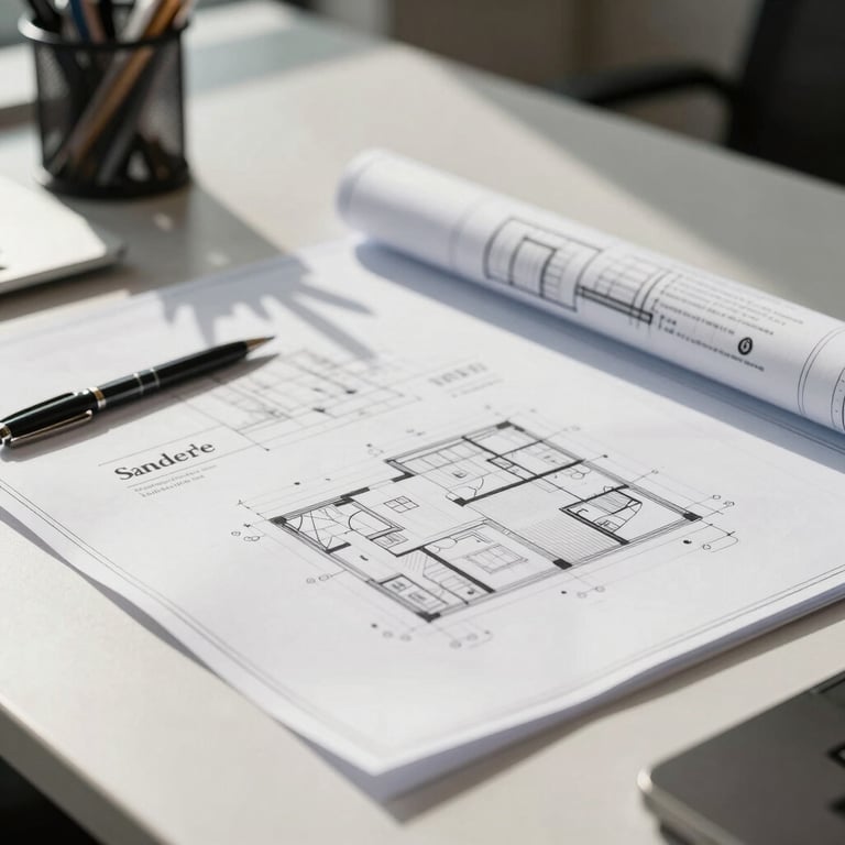 Close-up of high-quality business materials and architectural blueprints on a clean desk in a sunlit Sydney firm.