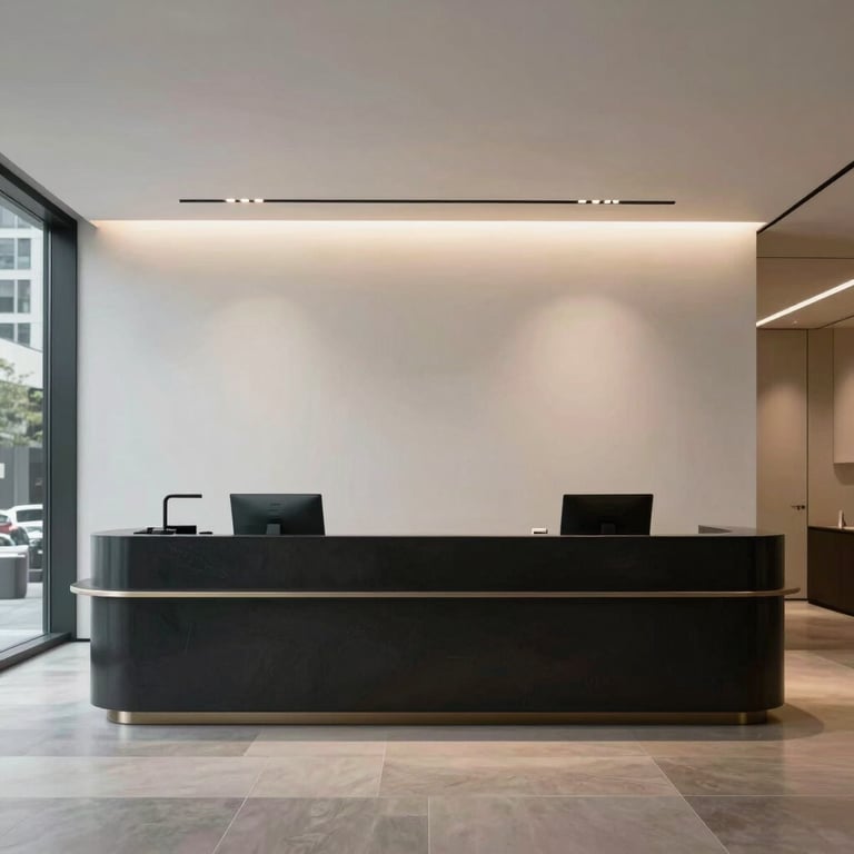 A wide shot of a minimalist and sophisticated corporate reception area in a premium Melbourne business district.