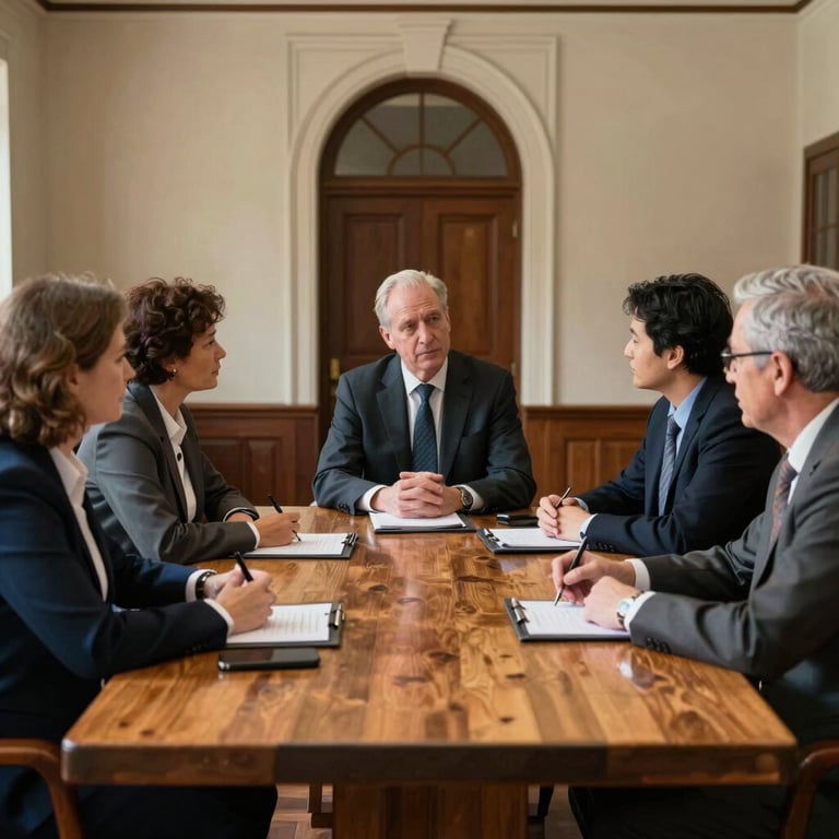 A group of professionals in deep discussion around a large oak table in a heritage-listed Australian corporate building.