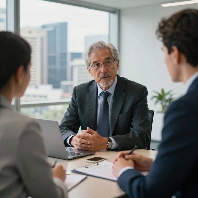 A senior executive consulting with a client in a bright, modern office with views of the Brisbane skyline.