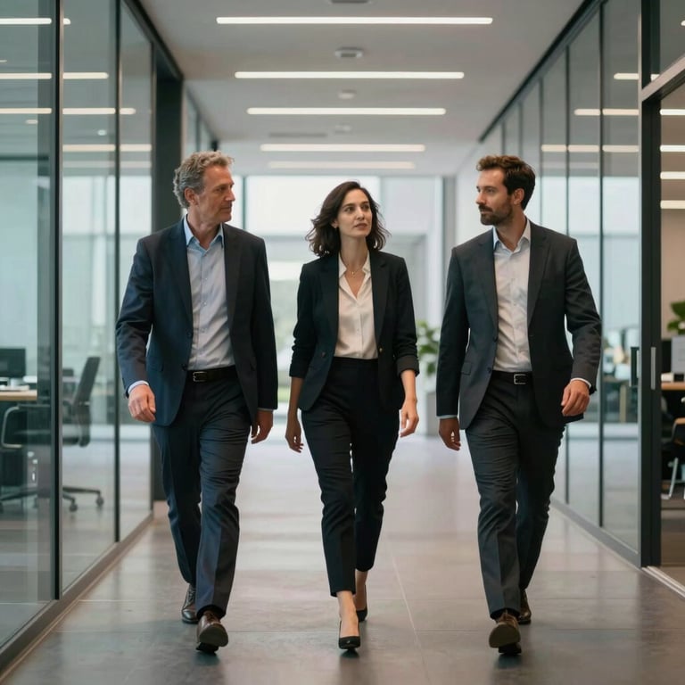 Three professionals walking through a sleek, contemporary glass hallway in an Australian technology hub.