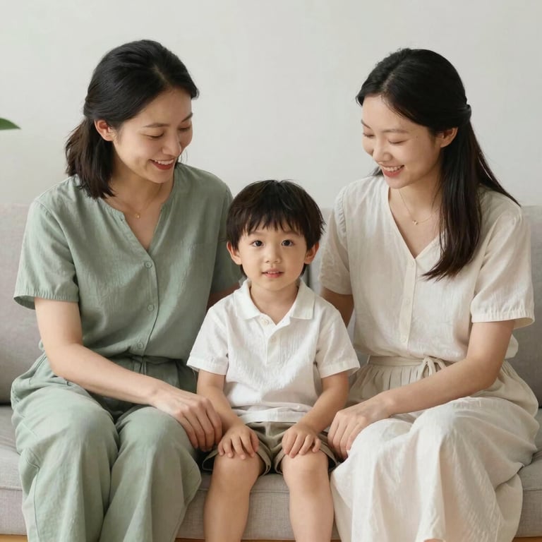 A happy family with a small child in a sunlit living room, wearing Sage Green and Cloud White, looking secure and content.