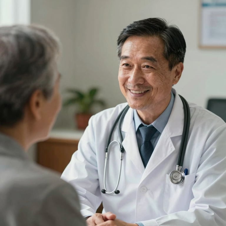 A friendly doctor in a white coat talking to an elderly patient, emphasizing accessible care.