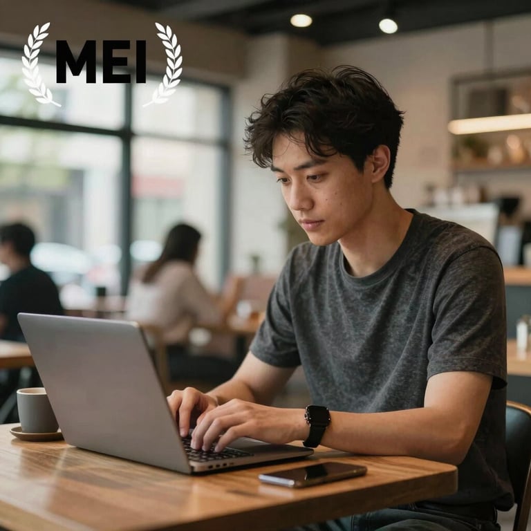 A young entrepreneur working comfortably in a modern cafe, reflecting MEI flexibility and support.