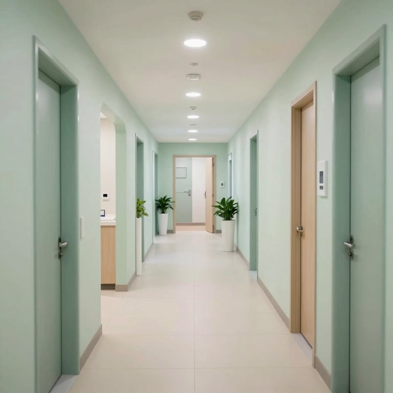 A bright and modern clinic hallway with soft Sage Green accents, representing high-quality health infrastructure.