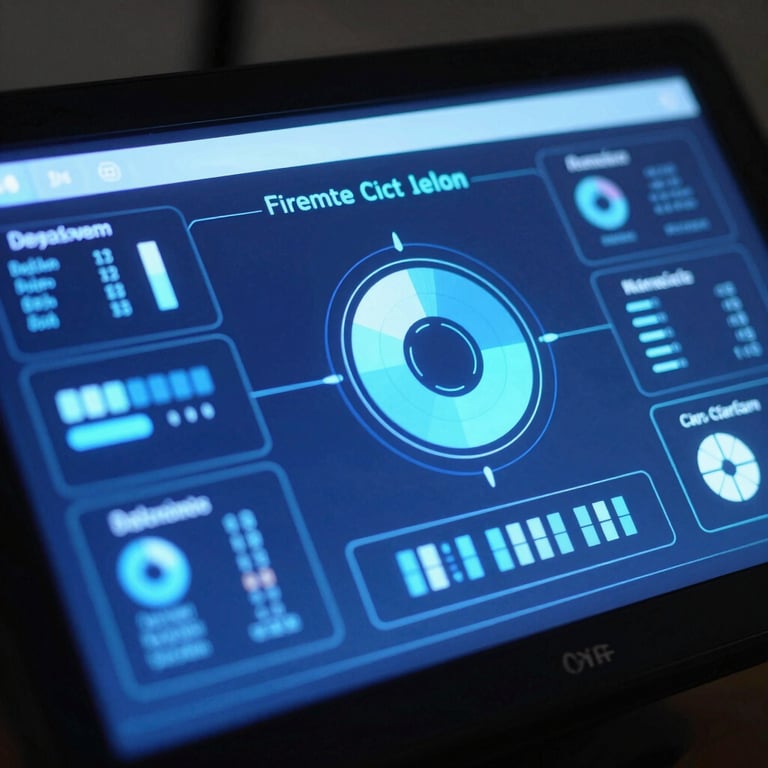 Close-up of a high-tech digital interface glowing in a dark room with royal blue and sky blue colors.