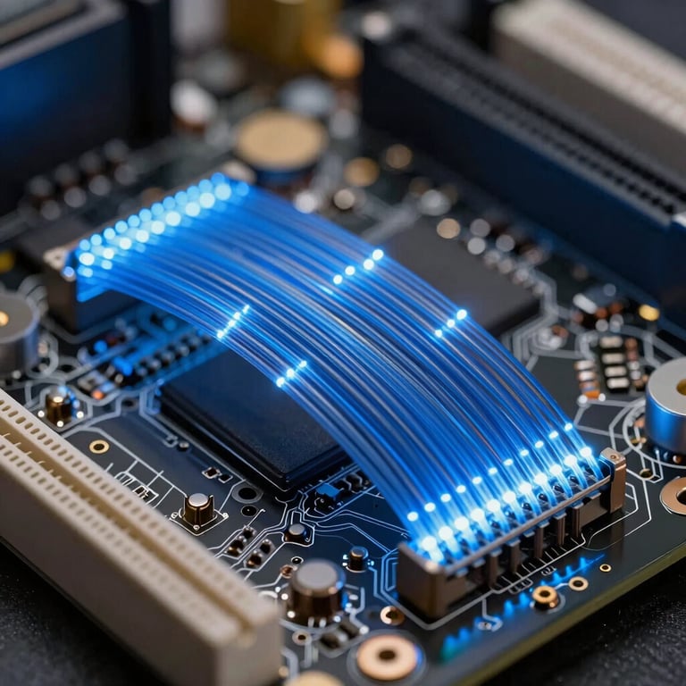 Detail of a motherboard with glowing blue fiber optic cables, professional macro photography, technological aesthetic.