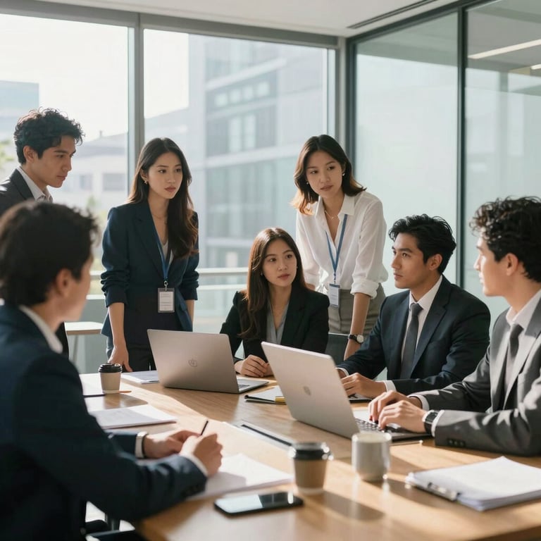 A group of South American professionals collaborating in a bright, modern glass office meeting room, sunny day.