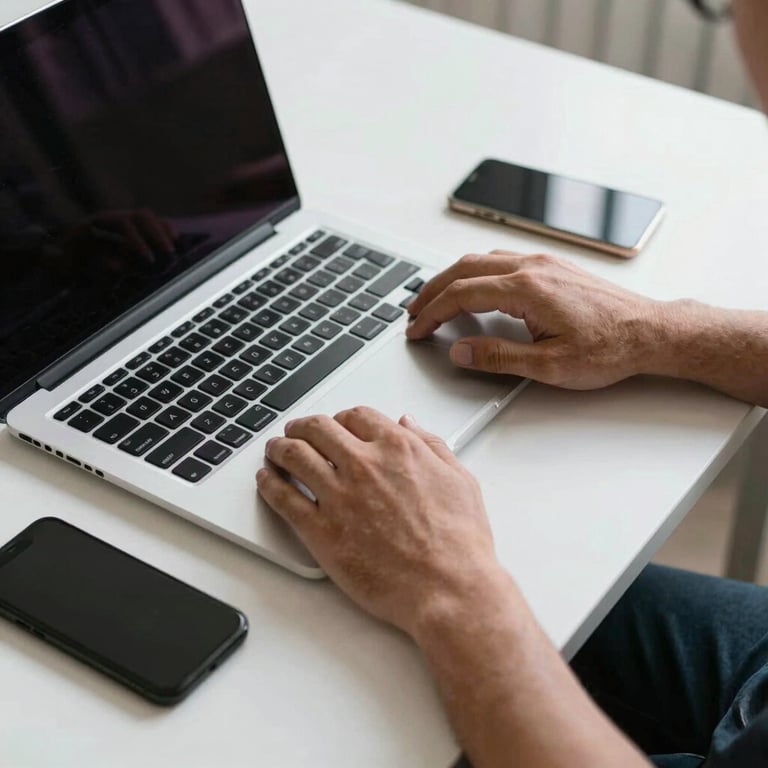 Hands of an engineer working on a clean, minimal white desk with a high-end laptop and smartphone.